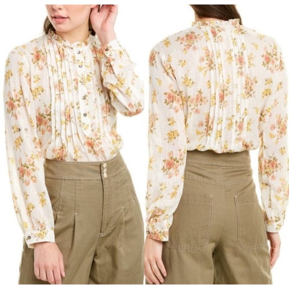 Floral Pintuck Ruffle Neck Blouse - White/Cream